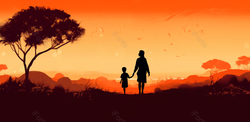 温馨亲子夕阳牵手橙色感恩母亲节高清背景,插画/手绘图,插画/手绘图库,插画/手绘图下载,插画/手绘